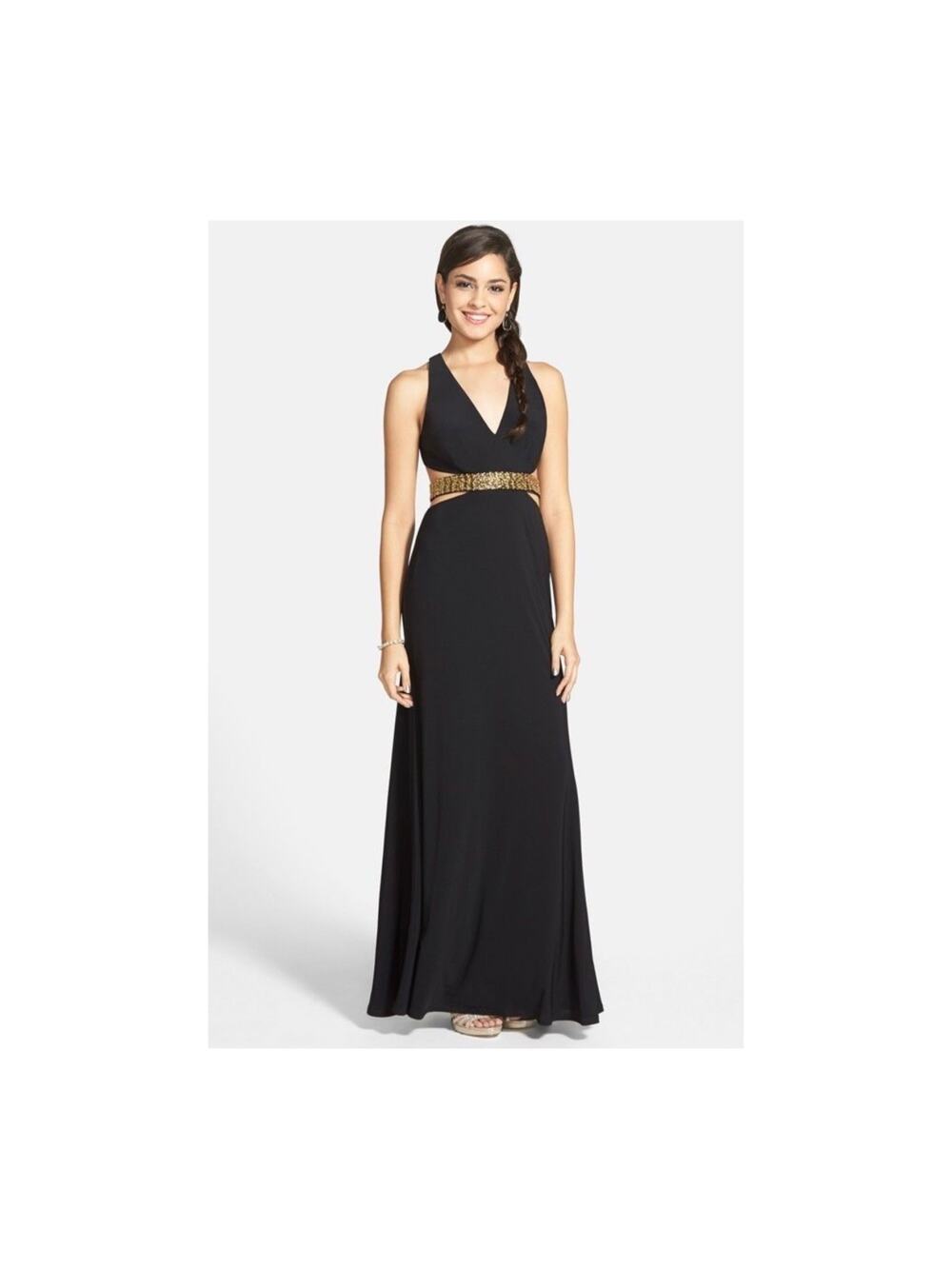 HAILEY LOGAN BY ADIANNA PAPELL Black & Gold Beaded Backless Dress Size 11/12